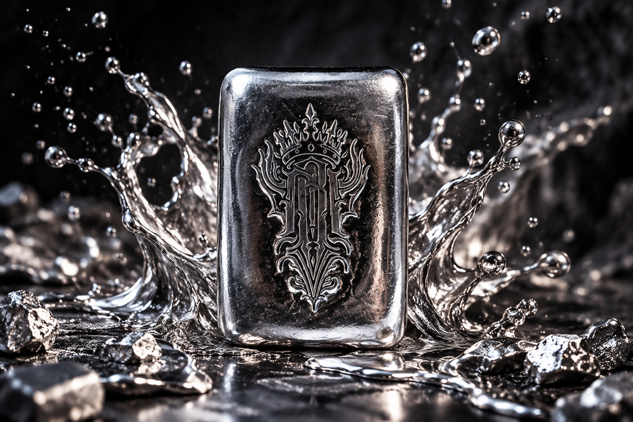 Polished silver ingot with ornate emblem amid liquid metal splashes